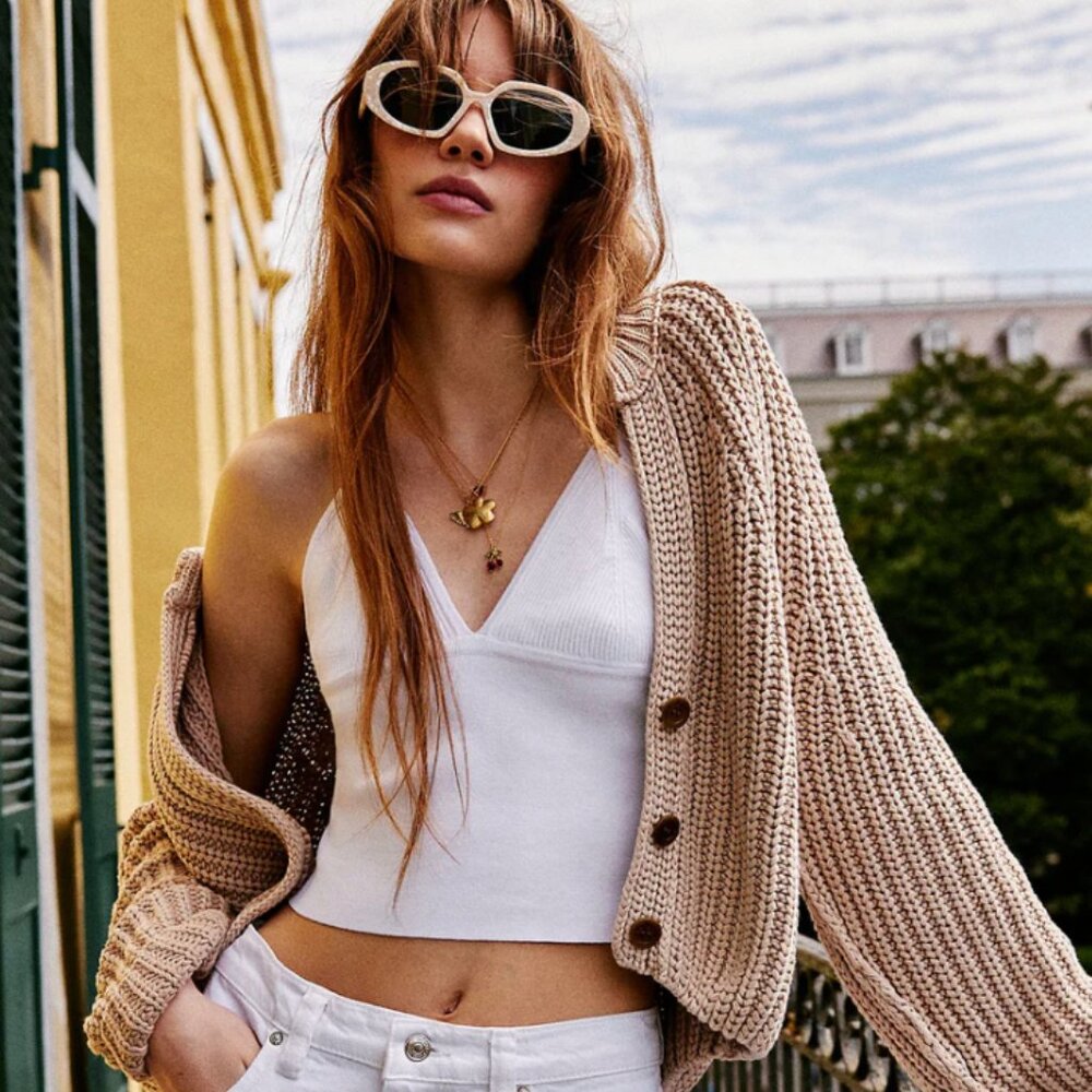 Free People Beach Ribbed Cropped Button-Front Cotton Cardigan Sweater| Small